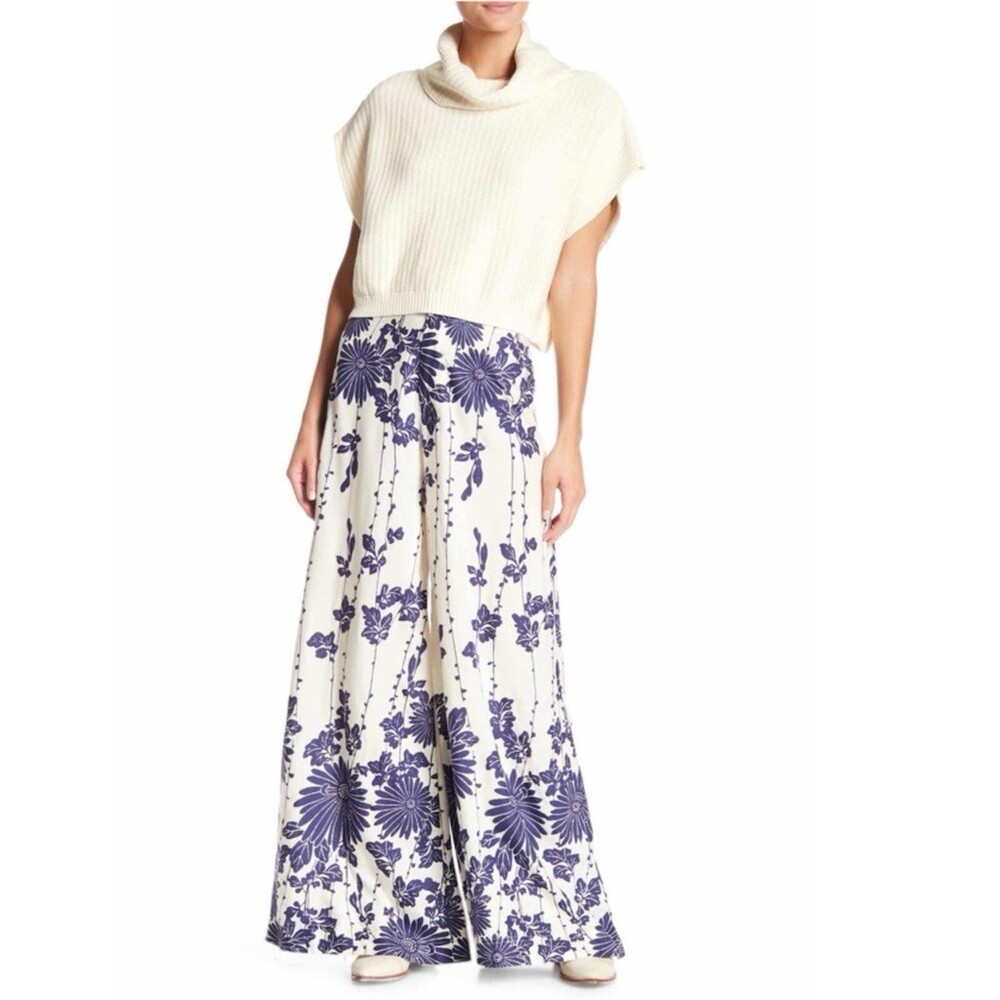 Free People Pants Womens Size 4 Ivory Blue Floral Wide-Leg Palazzo High